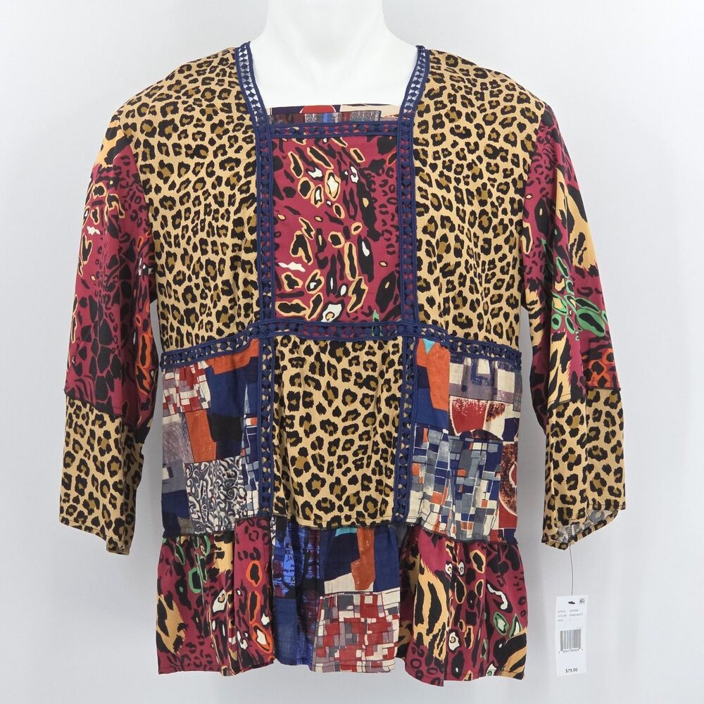 Calessa Embroidered Patchwork Tunic Top Blouse Womens Size Large Boho Patchwork